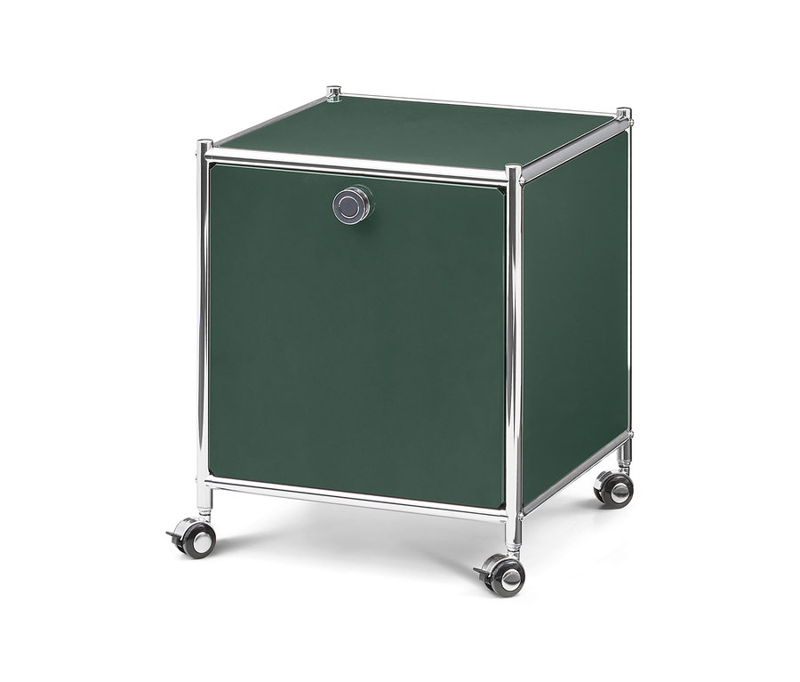 Dunkelgrüner, würfelförmiger Rollcontainer mit einer Tür, einem runden Griff und einem verchromten Rahmen auf Rollen.