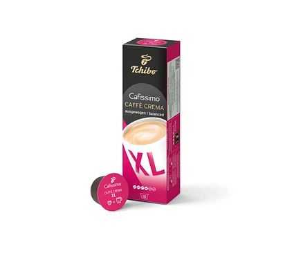 Eine Packung Cafissimo Caffè Crema XL Kapseln und eine einzelne Kapsel sind zu sehen.