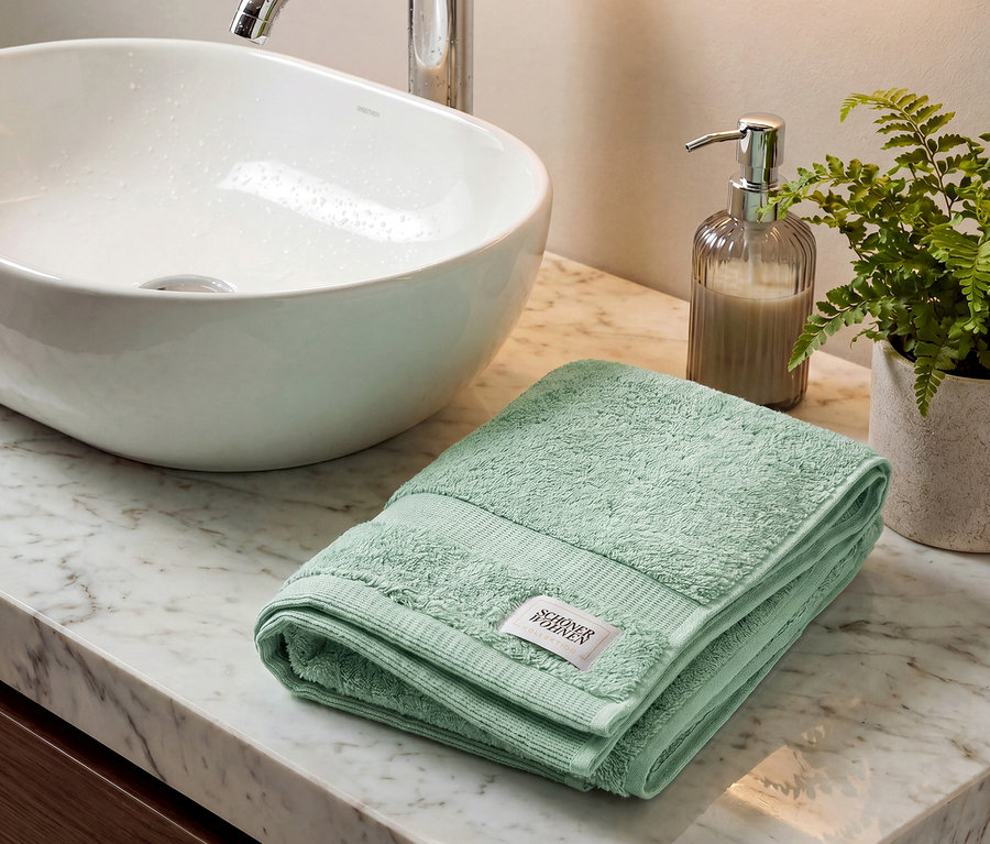 Ein gefaltetes, salbeigrünes SCHÖNER WOHNEN-Kollektion Handtuch liegt auf einer Marmorarbeitsplatte neben einem Waschbecken, Seifenspender und einer Pflanze.