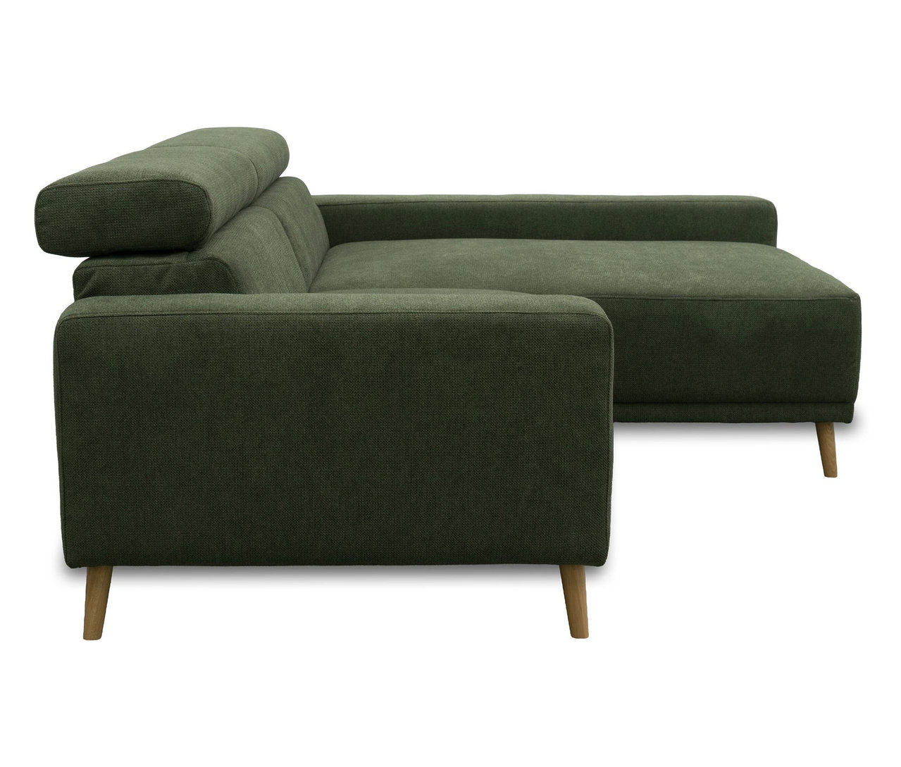 DOMO Sofa »Malmö« als Longchair mit verstellbarer Kopfstütze, in Grün mit Holzfüßen.