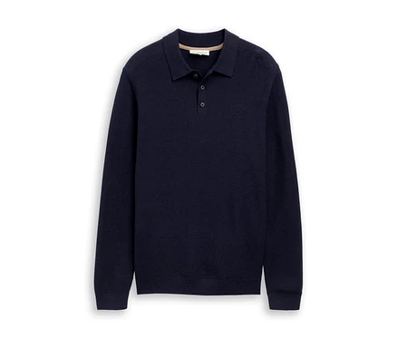 Marineblaues Langarm-Poloshirt mit Strickstruktur und Zwei-Knopf-Leiste.
