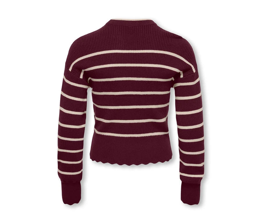 Rückansicht eines bordeauxroten Langarmpullovers mit cremefarbenen Querstreifen und gewelltem Saum.