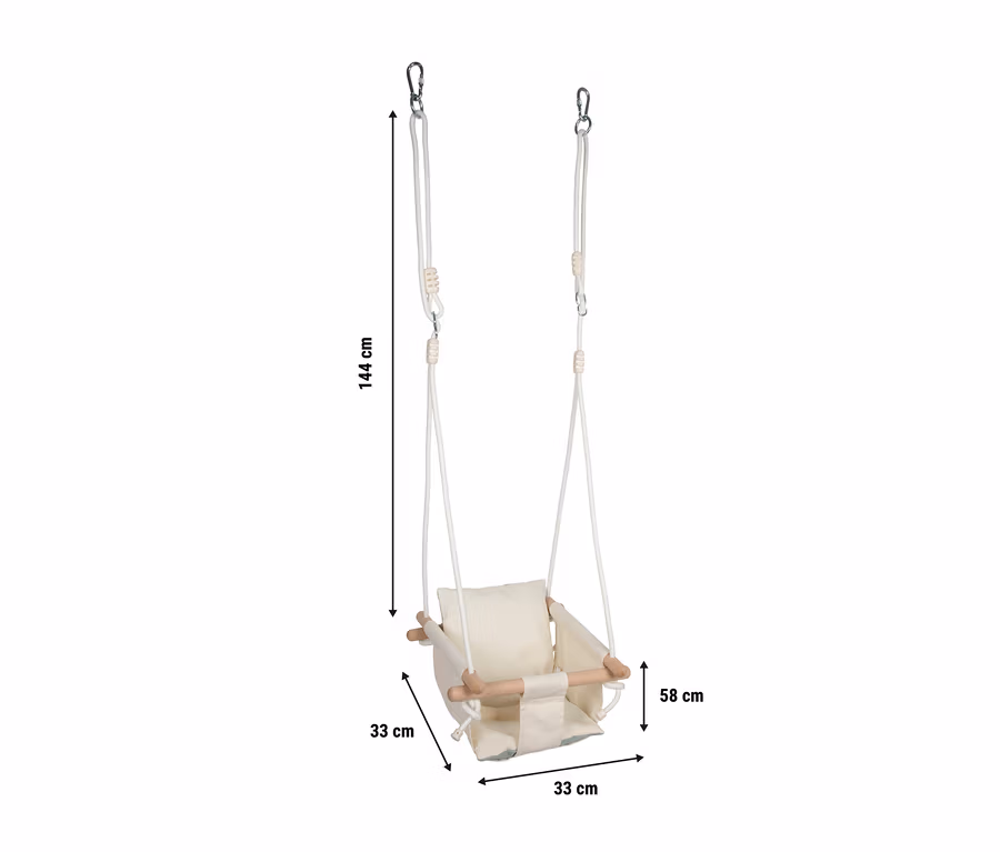 small foot Babyschaukel Komfort mit beigem Stoffbezug, Holzbügeln und weißen Seilen. Die Schaukel ist 144 cm hoch, der Sitz 33x33 cm und die Sitzkonstruktion 58 cm hoch.