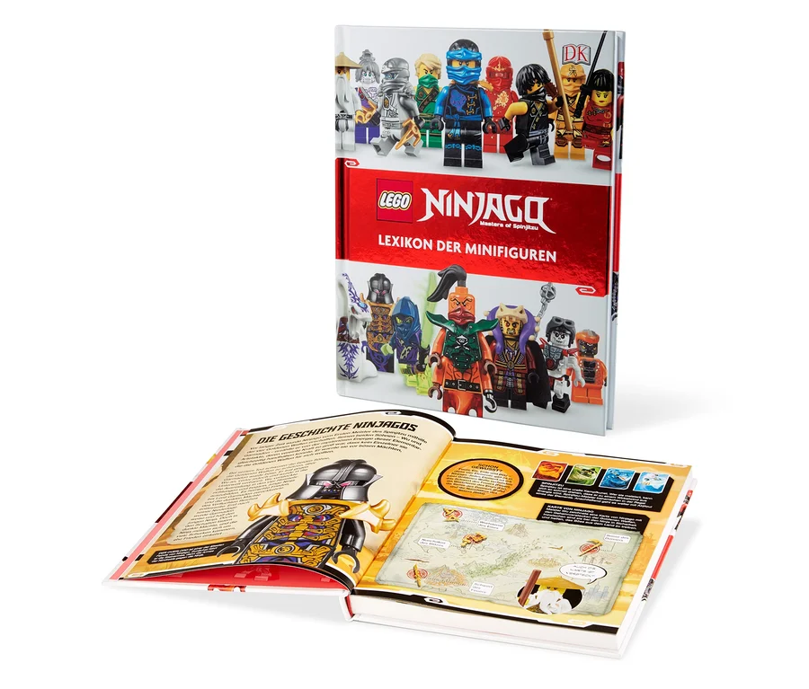 Das Buch »LEGO® NINJAGO® – Lexikon der Minifiguren« liegt offen und zeigt eine Seite mit einer Karte und einer Figur.