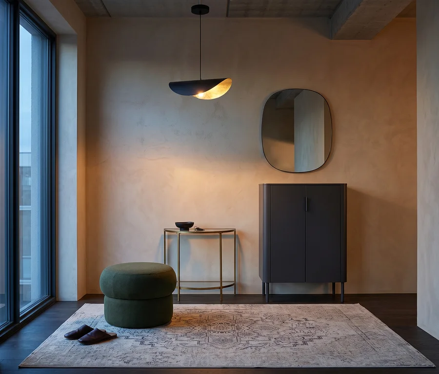 Ein Flur mit einem dunkelgrünen Domo Pilzhocker »Marbella« und braunen Hausschuhen auf einem mehrfarbigen Woood Teppich »Eric«. Rechts davon stehen ein goldener WOOOD Beistelltisch »Goddess« und ein matt schwarzer WOOOD Schrank »Gunnar« mit zwei Türen, darüber ein schwarzer WOOOD Spiegel »Philou«. Eine schwarze Eglo Pendelleuchte »Saceda« mit goldener Innenseite hängt von der Decke.