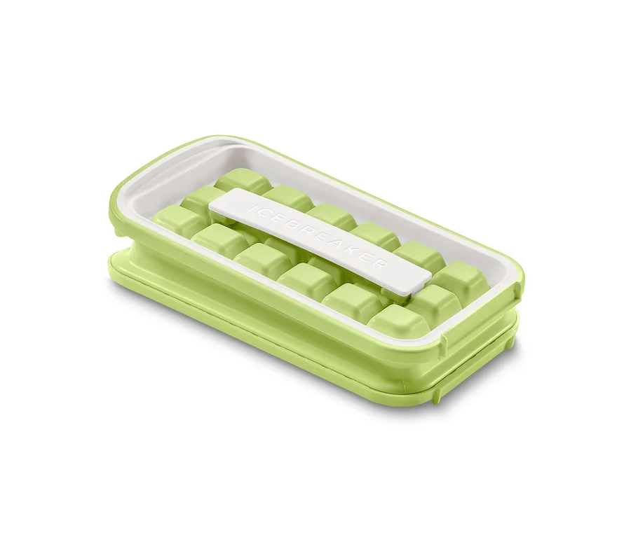 Grüner Eiswürfelbereiter »ICEBREAKER® POP« mit weißem Deckel.