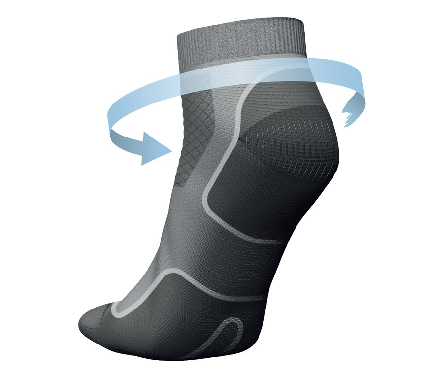 Detailaufnahme einer grauen Laufsocke mit Kompressionsband und blauem Pfeil, der die Drehung darstellt. 2 Paar kurze Kompressions-Laufsocken. 2 Paar Laufsocken.