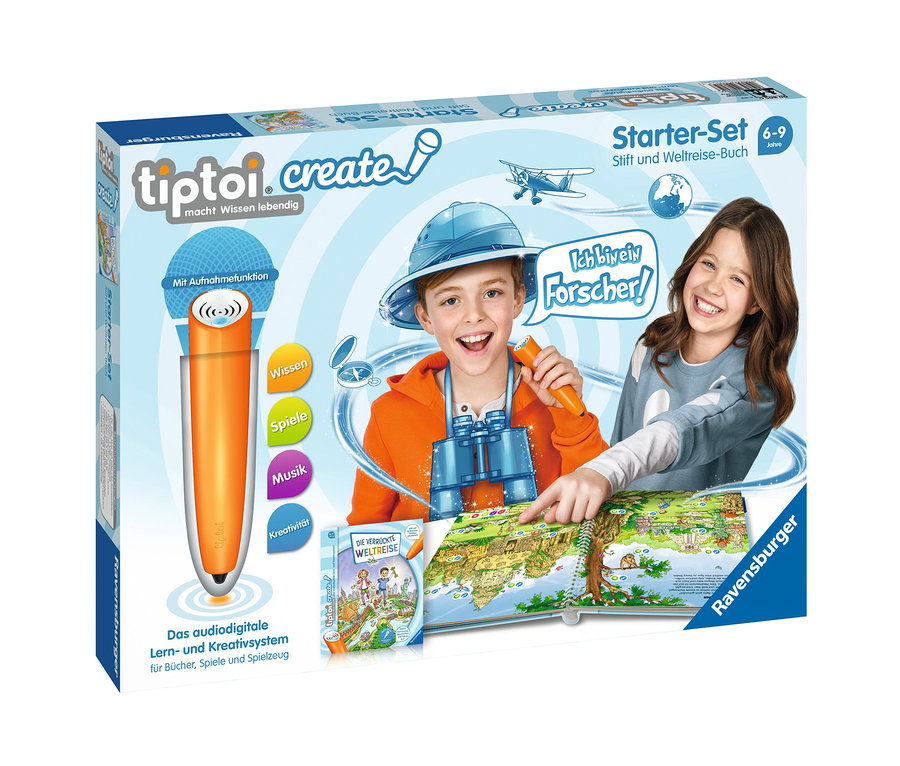 Kinder spielen mit dem Ravensburger tiptoi® CREATE Starter-Set: Stift und Weltreise-Buch.