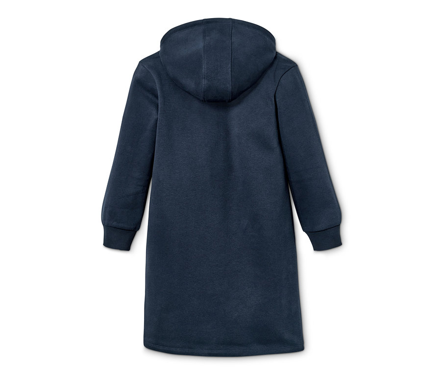 Blaues Sweatkleid mit Kapuze von hinten.