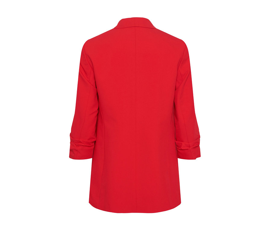 Roter Blazer mit gerafften Ärmeln.