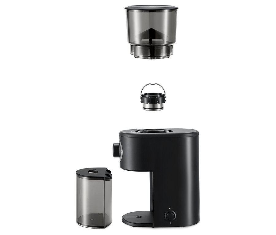 Eine schwarze elektrische Kaffeemühle mit abnehmbaren Teilen.