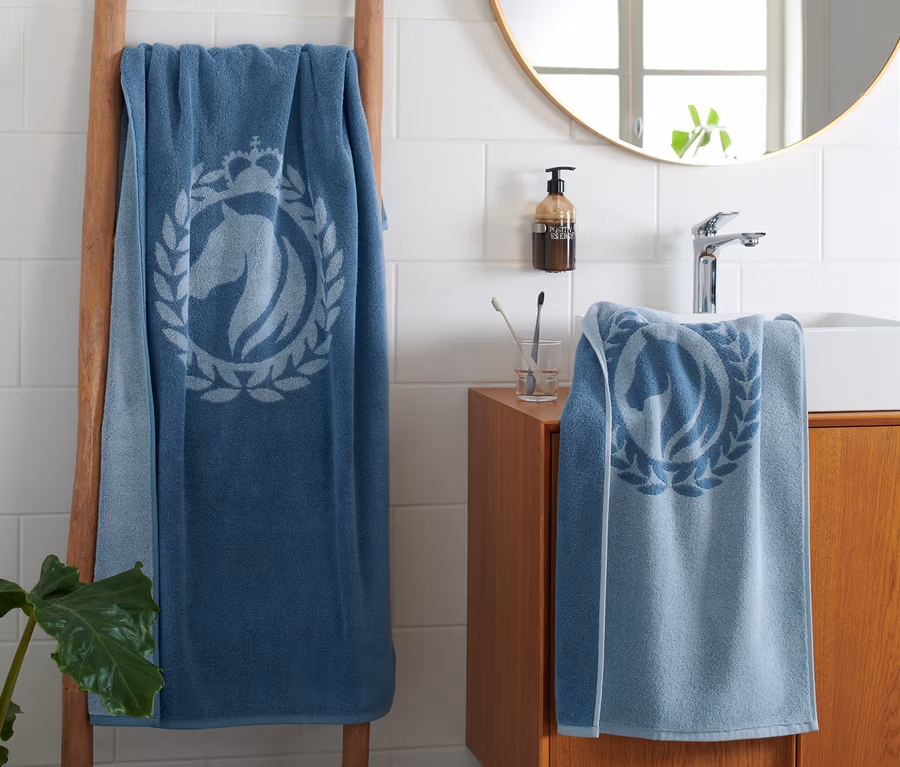 Blaues Handtuch-Set hängt auf einer Holzleiter und auf einem Waschbecken im Badezimmer.