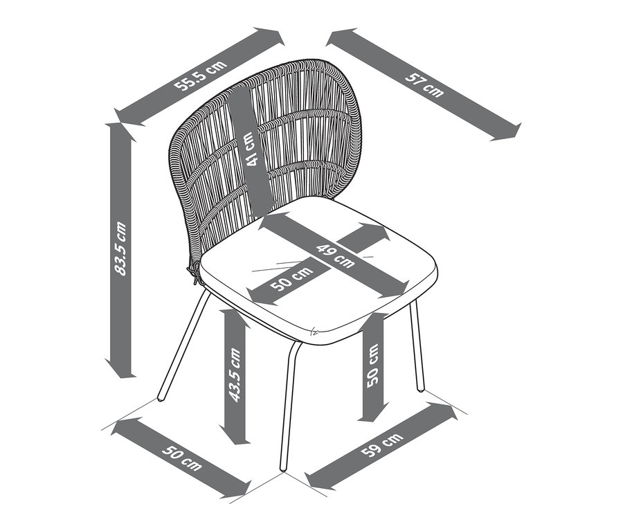 Abmessungen von einem Stuhl mit Textilgeflecht.