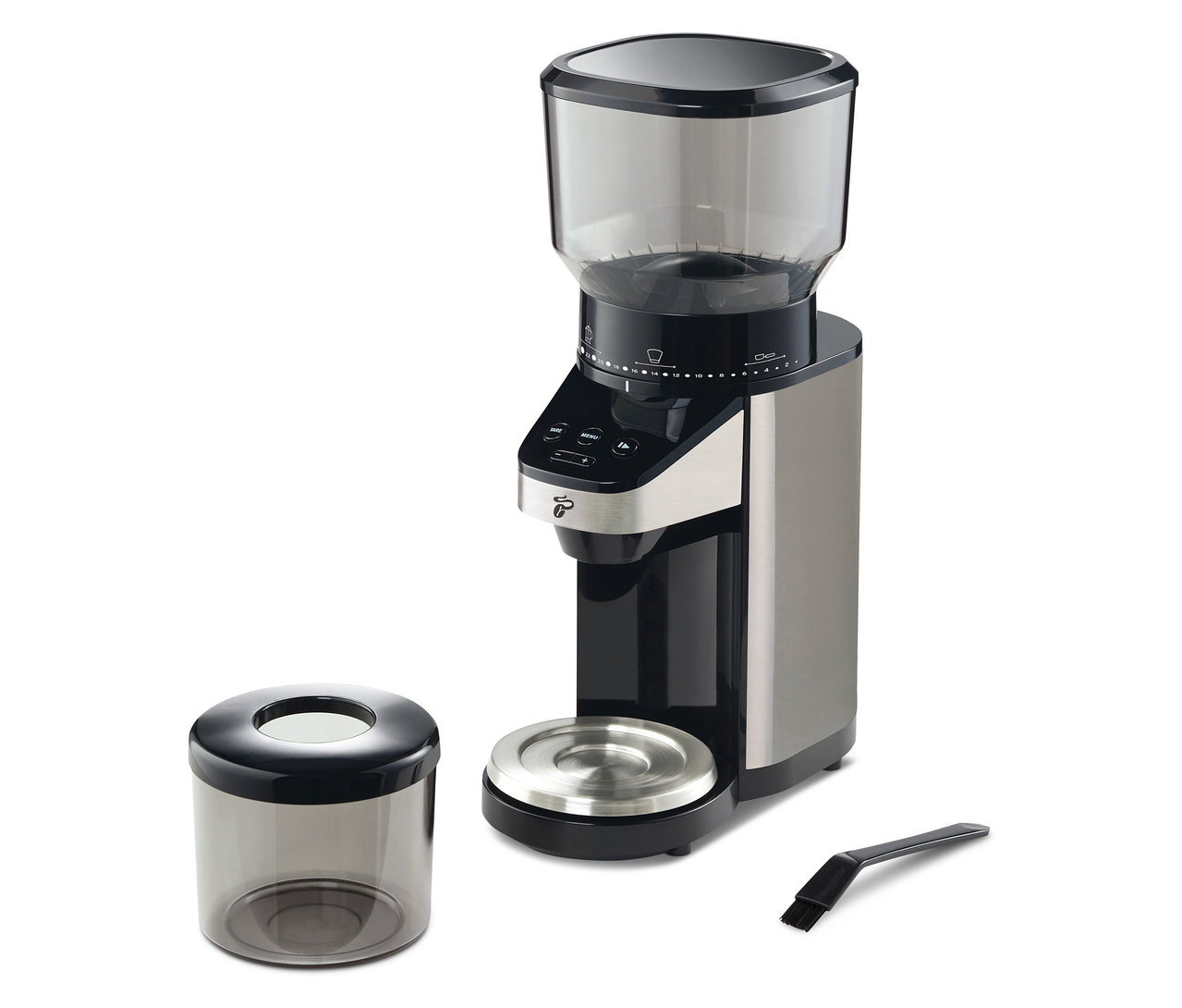 Elektrische Kaffeemühle mit Waage, mit Behälter für gemahlenen Kaffee und Reinigungsbürste.