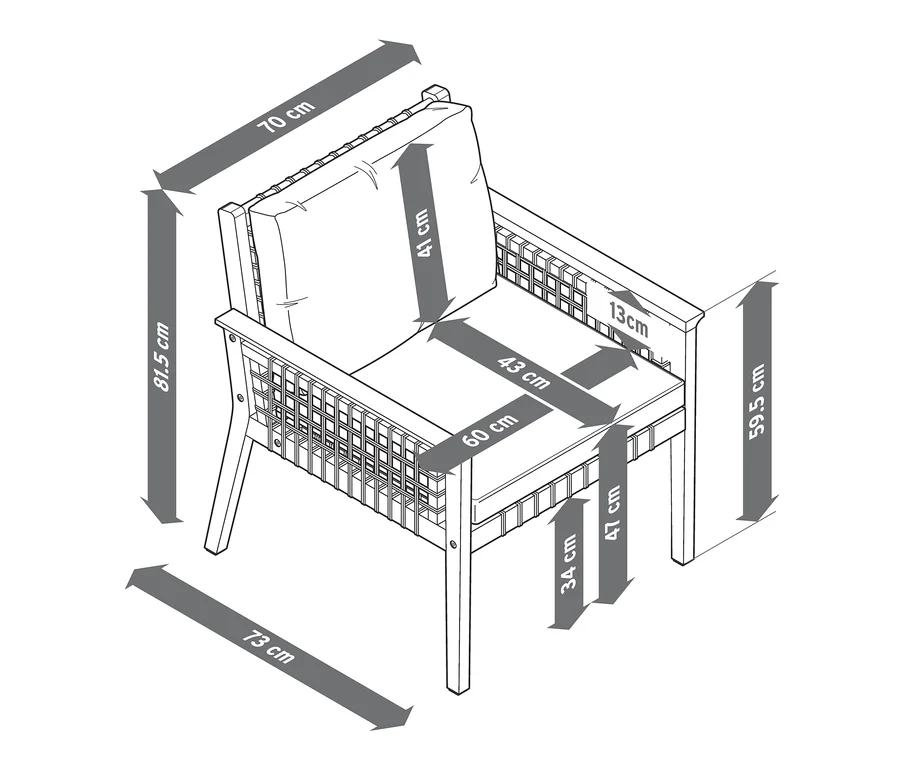 Skizze eines Lounge-Sets mit Textilgeflecht mit Bemaßung.