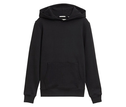 Schwarzer Hoodie mit Kapuze und Kängurutasche.