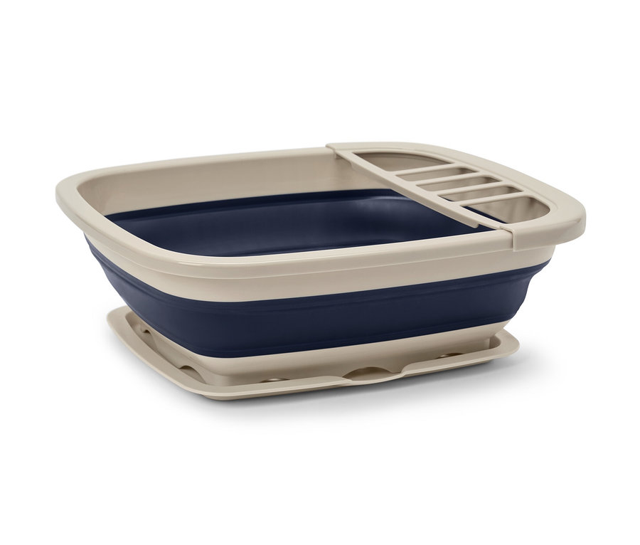 Ein faltbares Abtropfgestell in Beige und Blau.