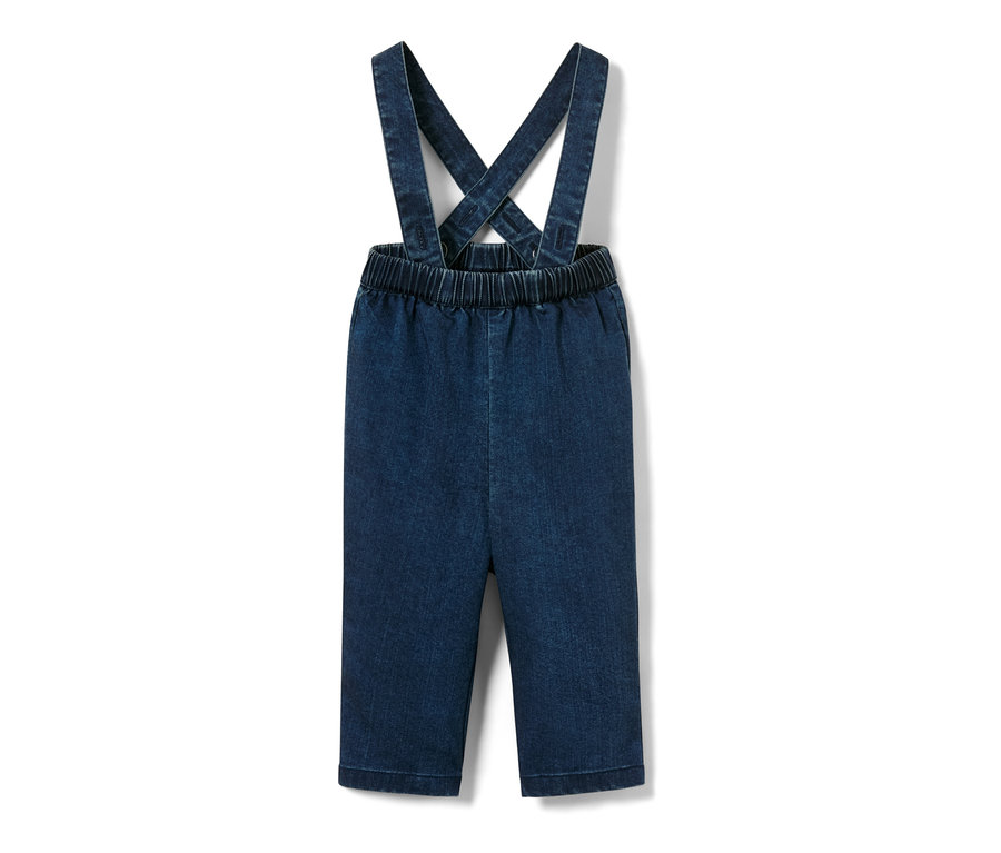 Eine blaue Baby-Twillhose mit Hosenträgern.