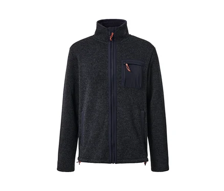 Eine marineblaue Thermo-Strickfleecejacke mit Reißverschluss und Brusttasche.