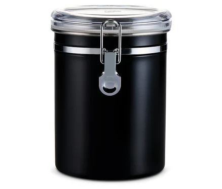 Eine schwarze Aromadose mit transparentem Deckel.