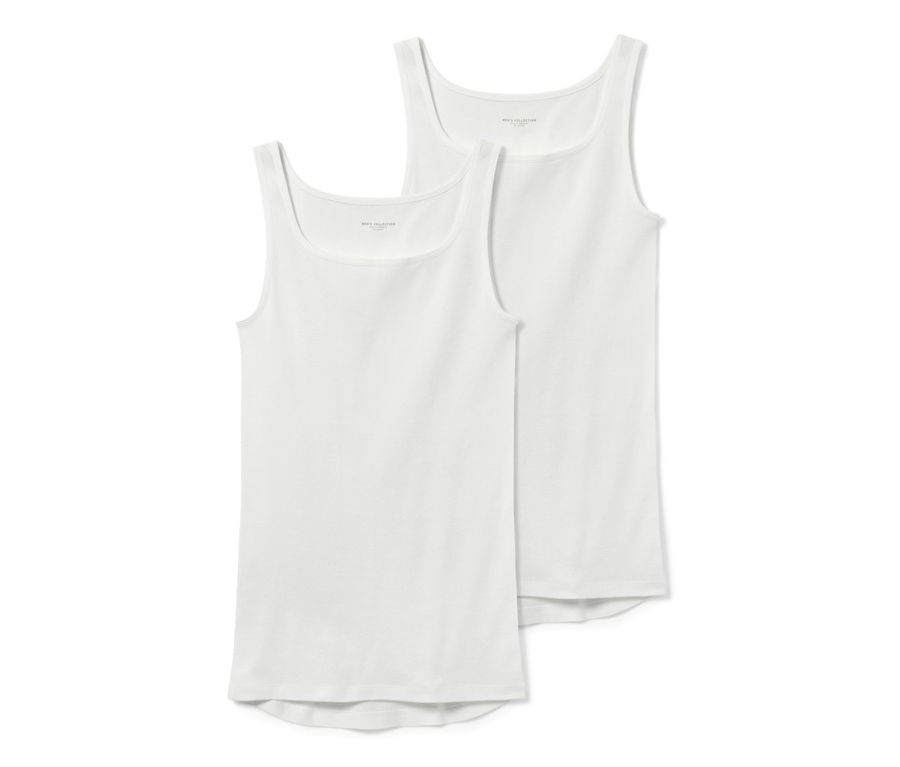 Zwei weiße Qualitäts-Feinripp-Unterhemden liegen übereinander.