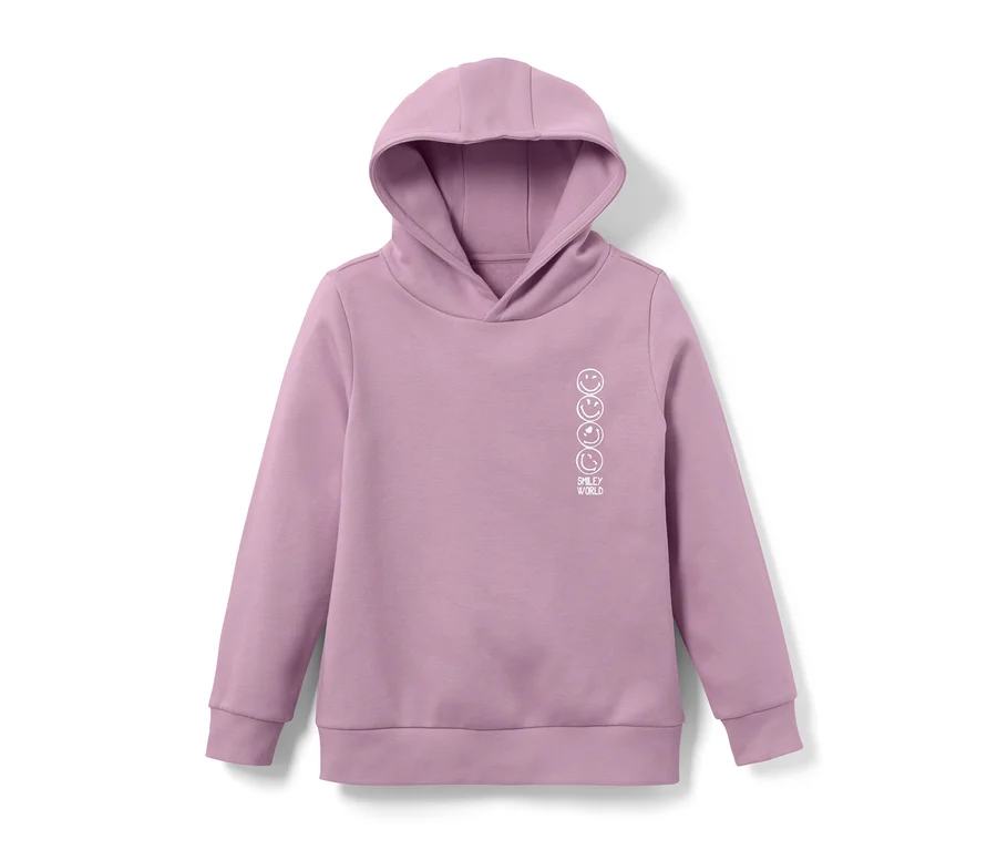 Ein lila Kinder-Sweat-Hoodie »Smiley« mit weißem Aufdruck.