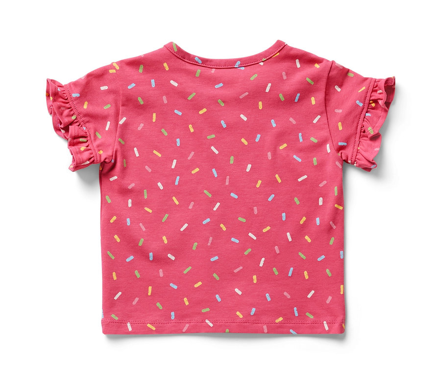 Rosa Baby-T-Shirt mit kurzen Ärmeln und bunten Streuseln.