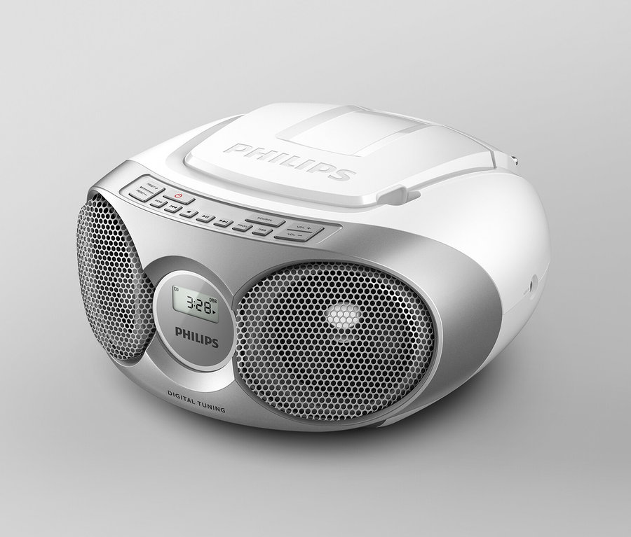 Ein grauer Philips CD-Boombox »AZ215« auf grauem Hintergrund.