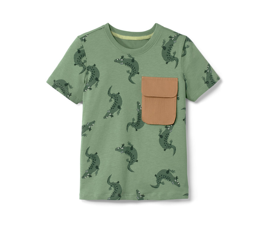 Grünes Kinder-T-Shirt mit Krokodilmuster und brauner Tasche.