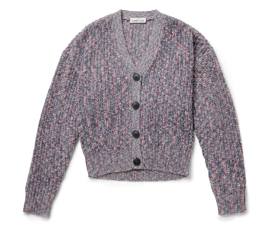 Nahaufnahme einer Strickjacke mit Knöpfen.