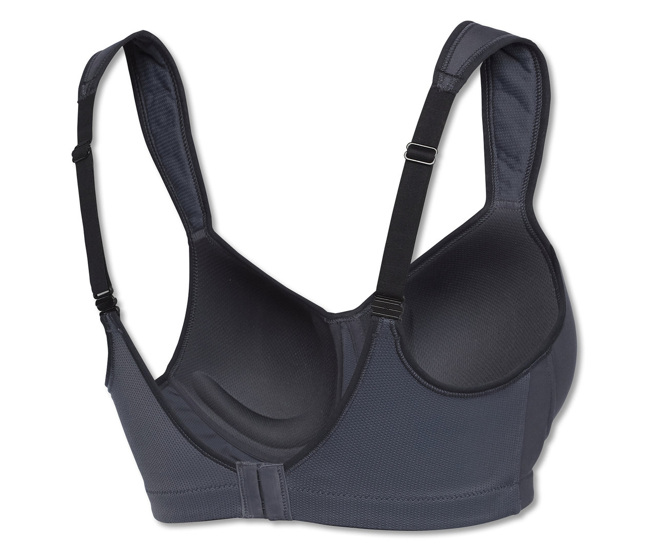 Detailansicht eines grauen SCHIESSER Sport-BHs Softcup Medium mit verstellbaren Trägern und Hakenverschluss.