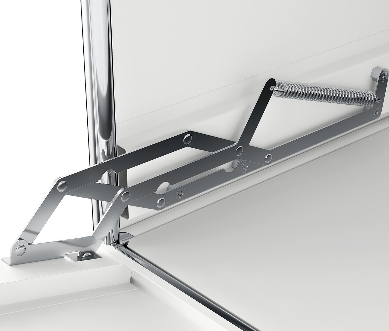 Detail eines silbernen Klappmechanismus auf einer weißen Oberfläche.