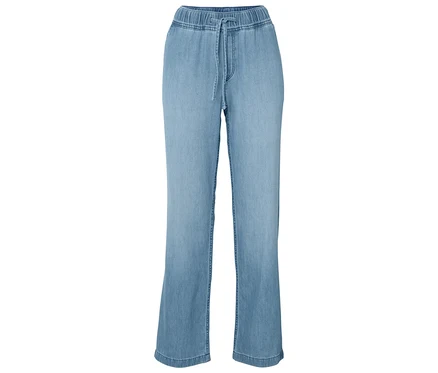 Hellblaue Damenhose mit lockerem Schnitt, elastischem Bund und Kordelzug.