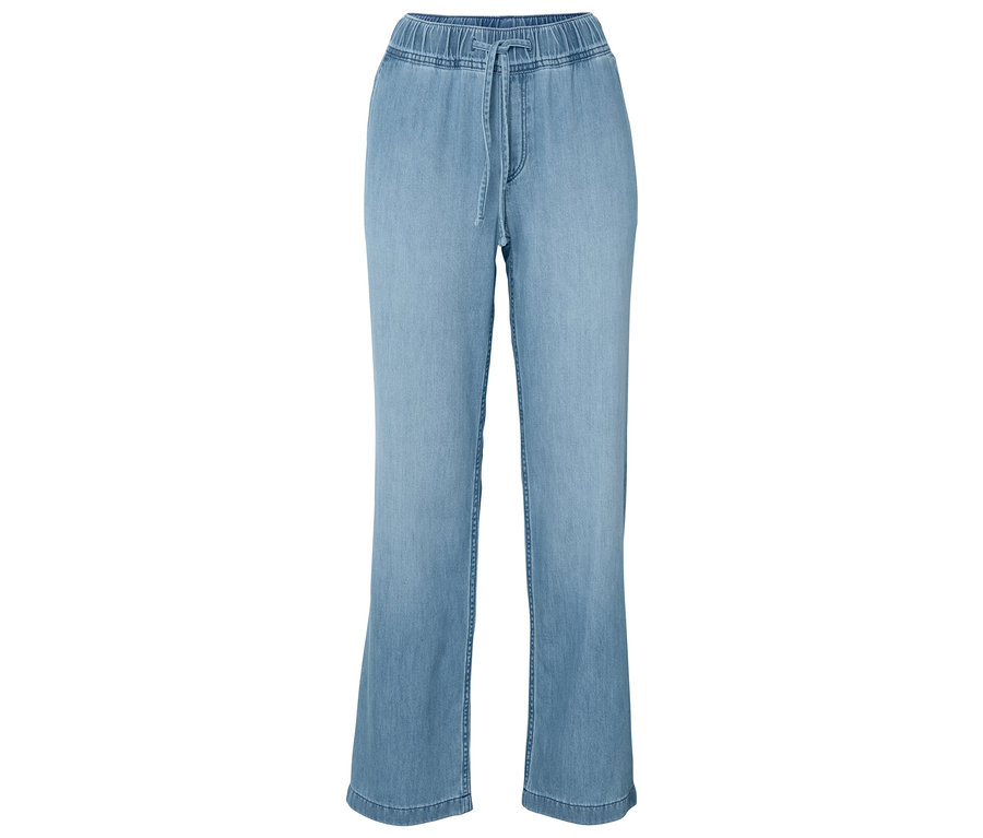 Hellblaue Damenhose mit lockerem Schnitt, elastischem Bund und Kordelzug.