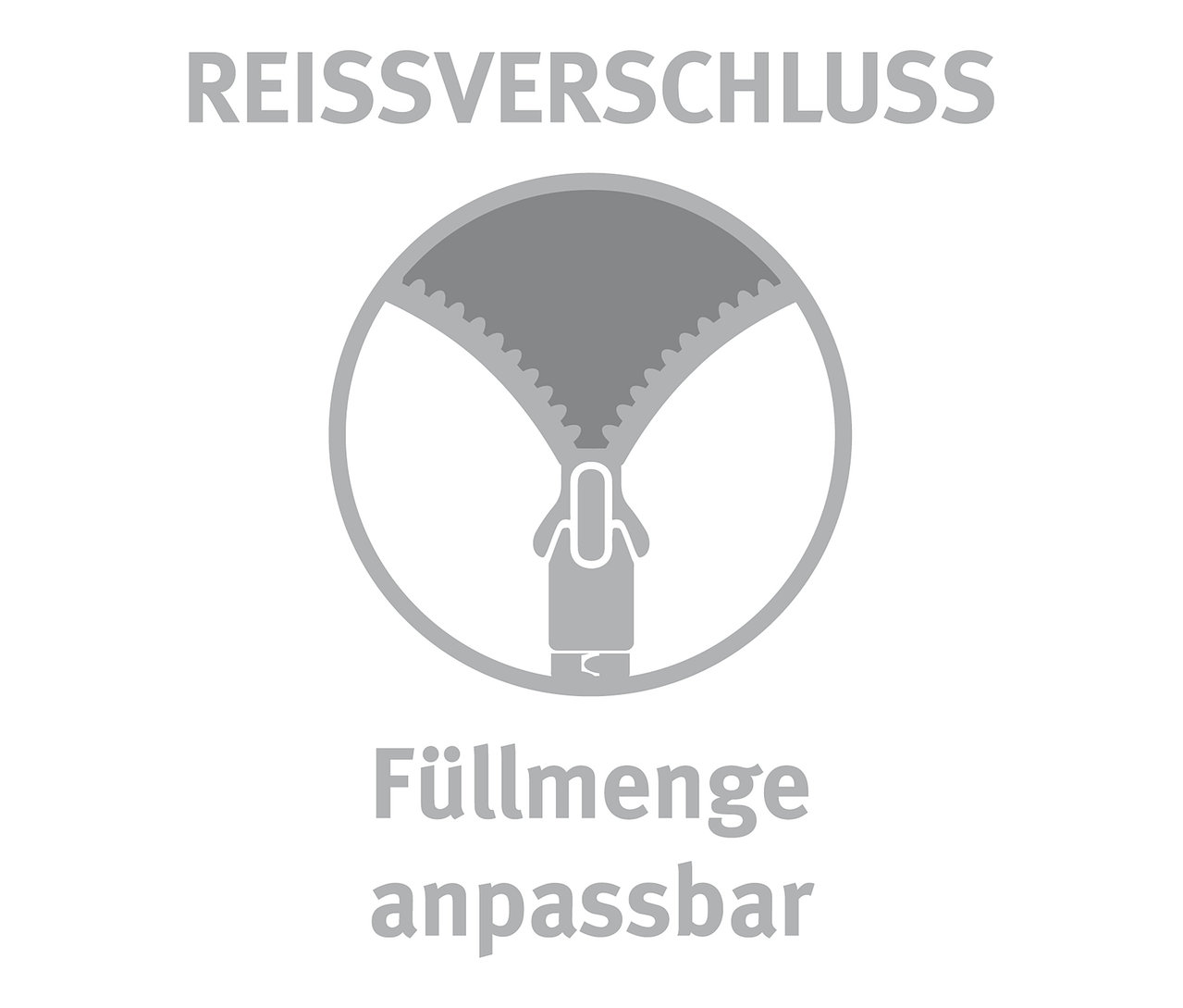 Symbolbild zeigt Reißverschluss und Text "Füllmenge anpassbar", was bedeutet, dass die Füllmenge anpassbar ist.