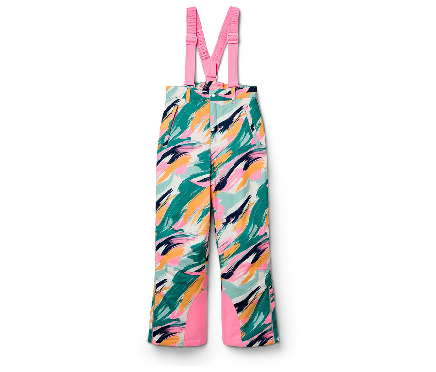 Skihose mit Trägern mit abstraktem, mehrfarbigem Druck und pinkfarbenen Details.