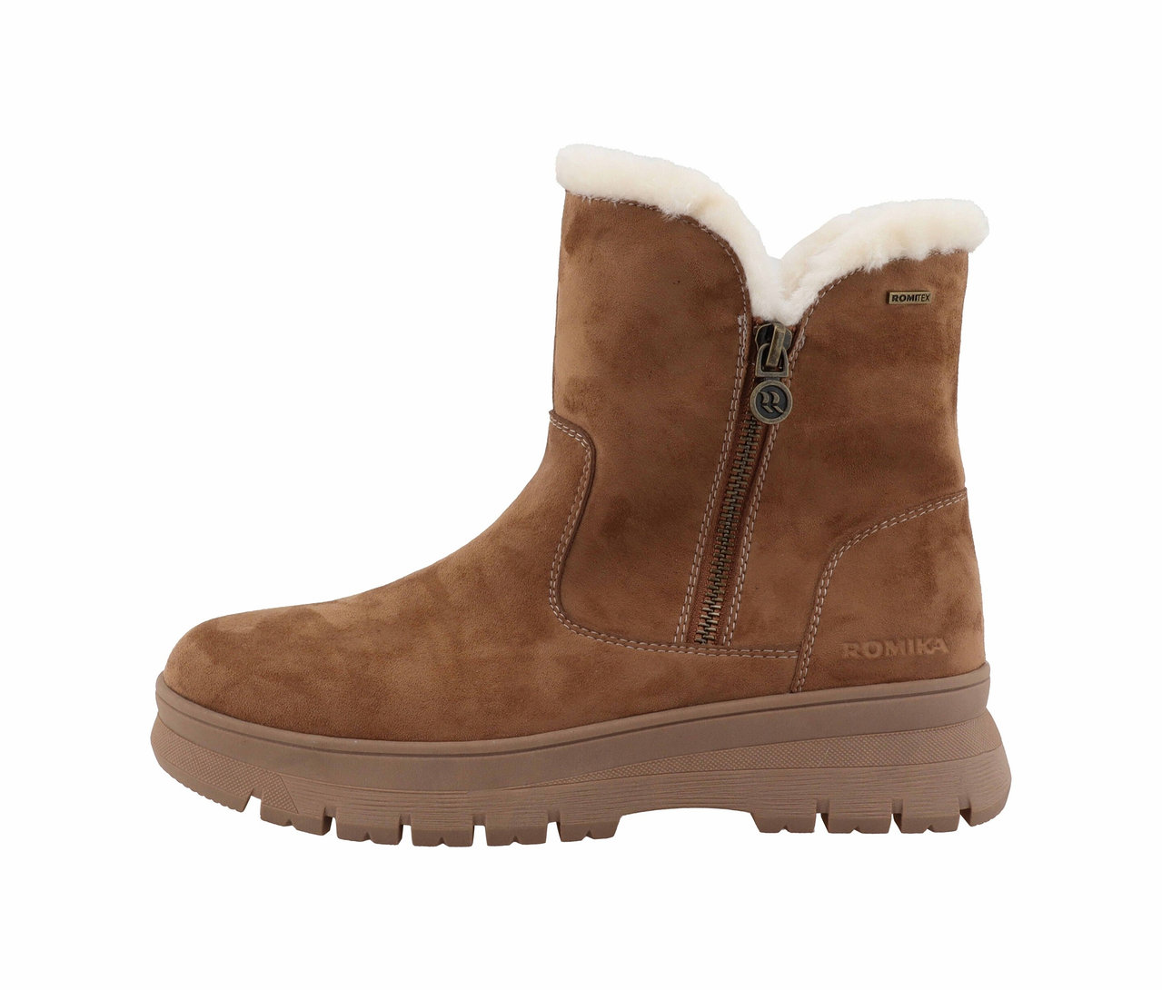 Brauner Romika Knöchelhoher Stiefel mit Fellbesatz und Reissverschluss.