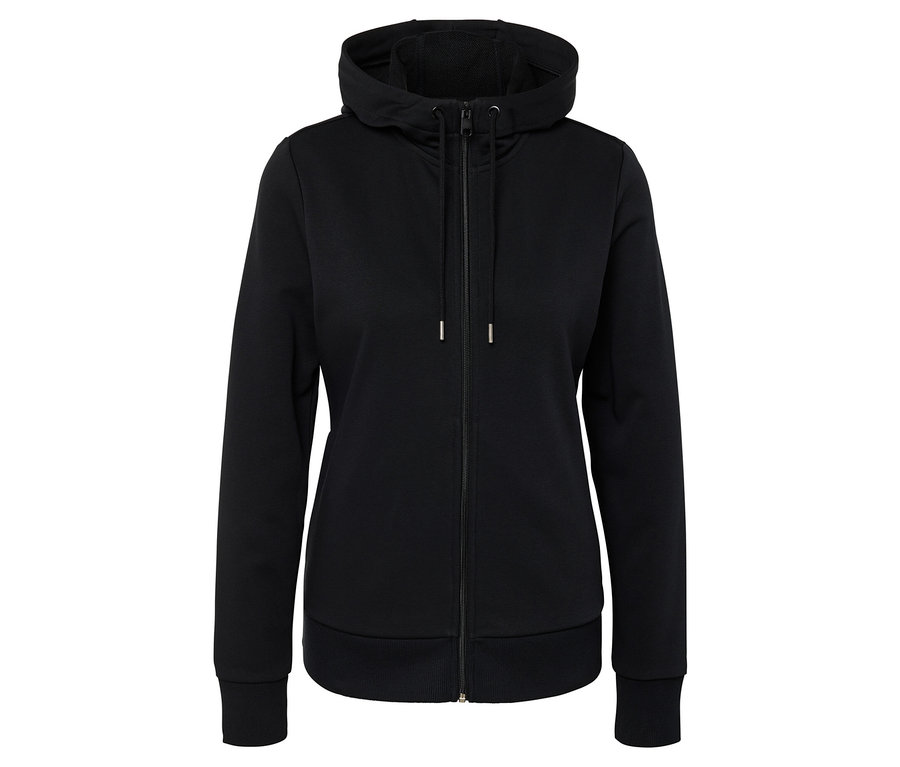 Ein schwarzer Kapuzenpullover mit Reißverschluss in der Mitte.