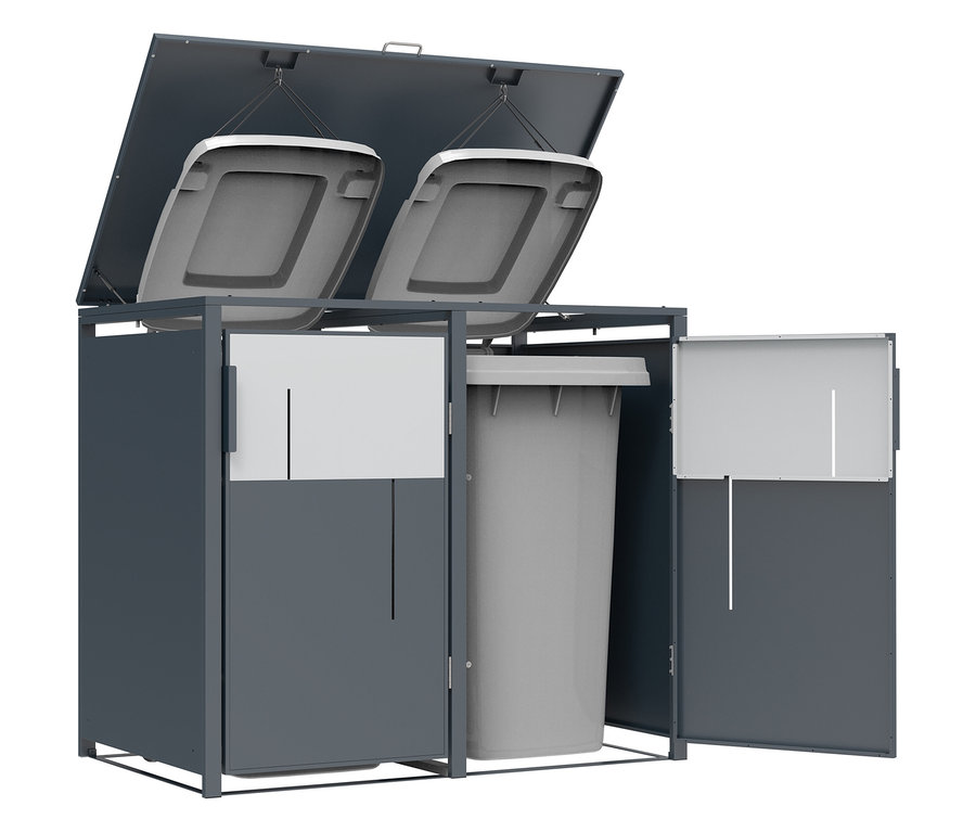 Grauer Dreifach-Mülleimer mit offenem Deckel und offenen Türen.