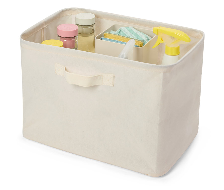 Eine hohe faltbare Ordnungsbox in Creme ist mit Reinigungsutensilien gefüllt.