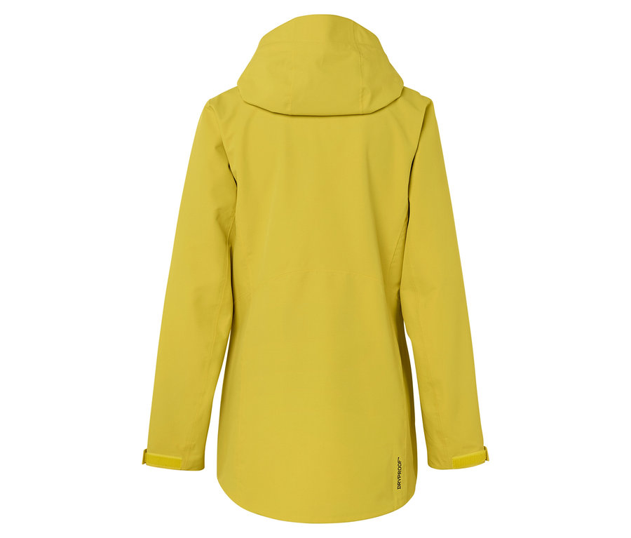 Rückansicht einer gelben Jacke mit Kapuze.
