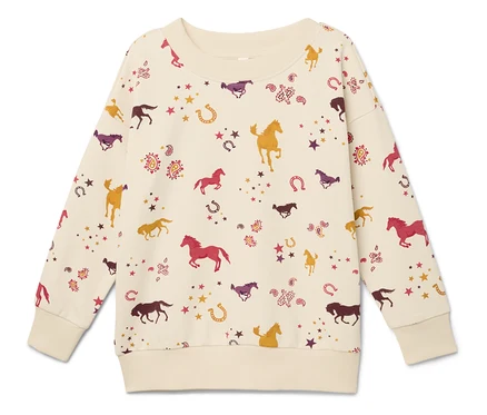 Cremefarbenes Sweatshirt mit Pferde-, Hufeisen- und Sternenmuster.
