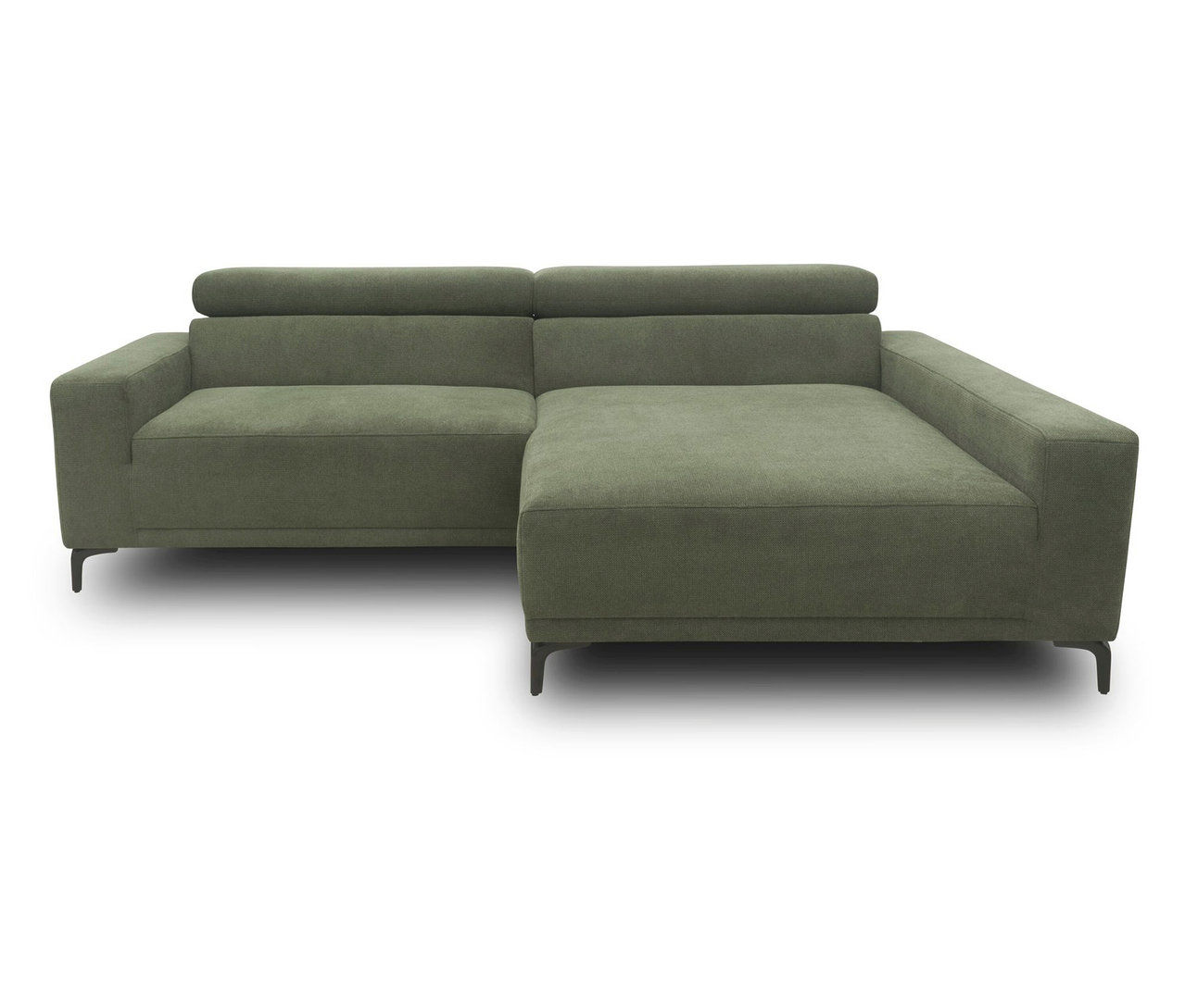 DOMO grünes Eck-Schlafsofa mit Hocker, rechtsbündig.