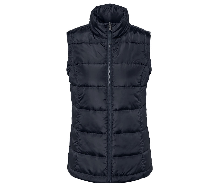 Dunkelblaue Steppweste mit Reißverschluss und hohem Kragen.