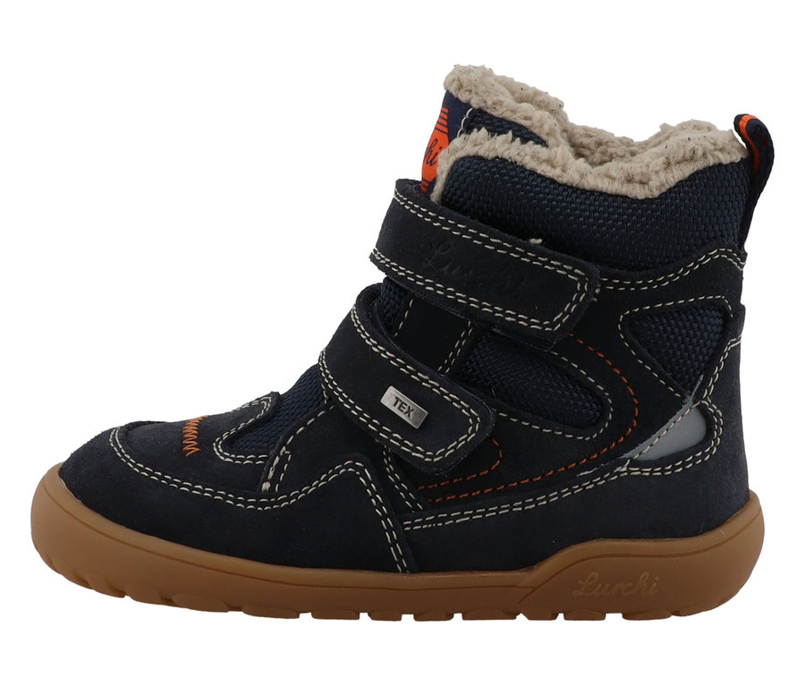 Blauer Lurchi Juppy Barefoot-TEX Knöchelhoher Stiefel mit brauner Sohle und Klettverschluss.