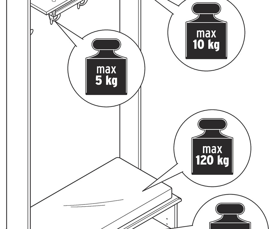 Illustration einer Garderobe mit Sitzbank im Landhausstil mit Markierungen für maximale Belastbarkeit.