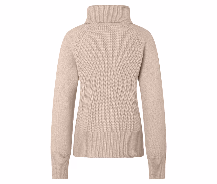 Beiger Rollkragenpullover mit langen Ärmeln, Rückansicht.