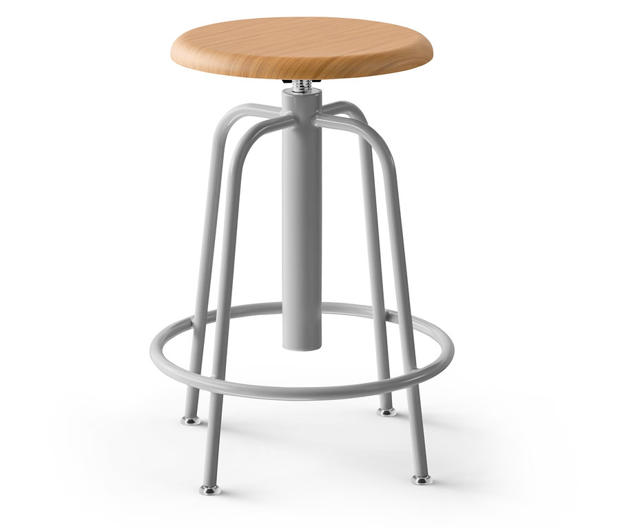 Grauer Hocker mit Holzsitz.