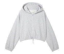 Grauer Kapuzenpullover mit Reißverschluss.