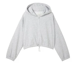 Grauer Kapuzenpullover mit Reißverschluss.